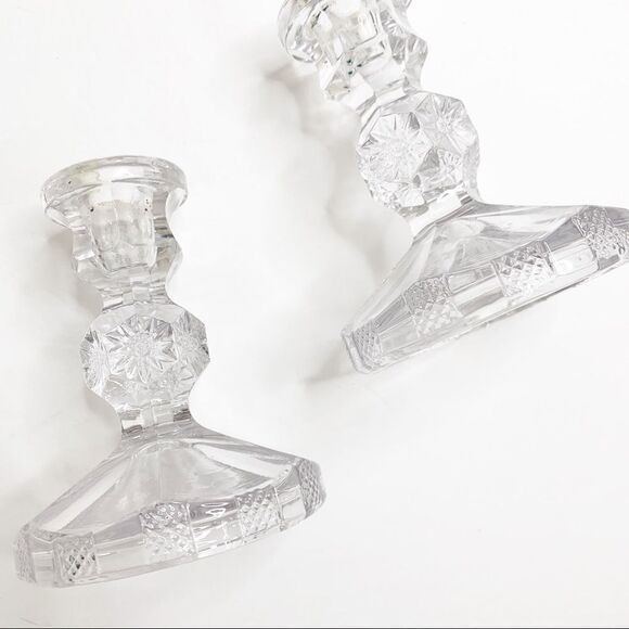Clear Crystal Glass Tapered Short Pillar Candlestick Holders 5" Set of 2 - Picture 3 of 6